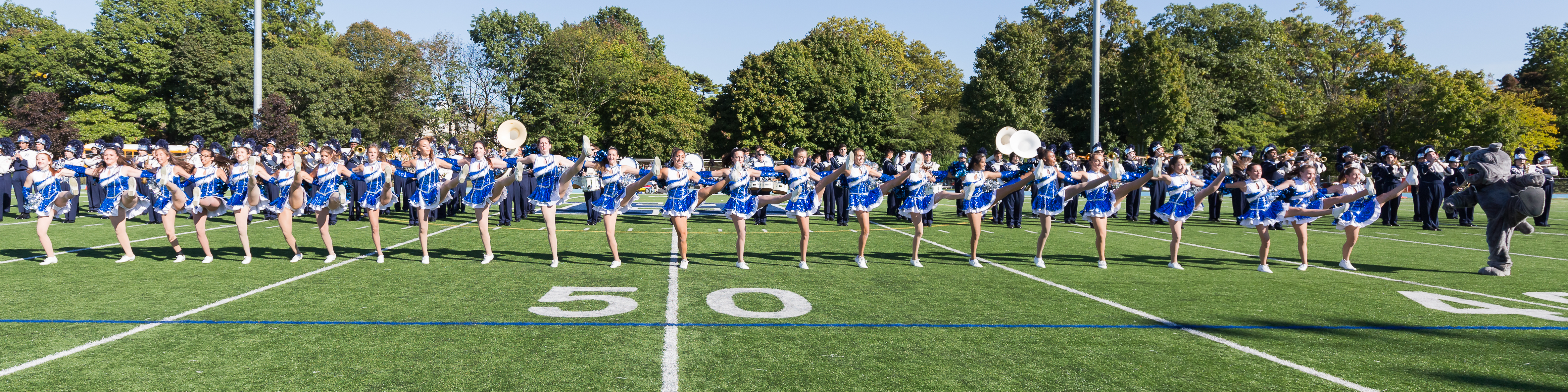 Hewlett band and majorettes at homecoming halftime